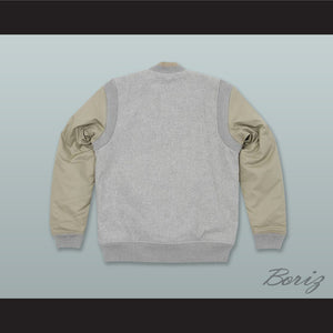 Light Gray and Tan Varsity Letterman Jacket-Style Sweatshirt