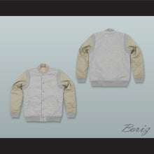 Load image into Gallery viewer, Light Gray and Tan Varsity Letterman Jacket-Style Sweatshirt