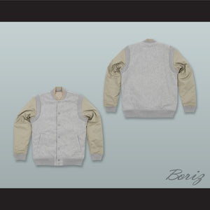 Light Gray and Tan Varsity Letterman Jacket-Style Sweatshirt