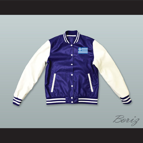 Greece Blue and White Lab Leather Varsity Letterman Jacket