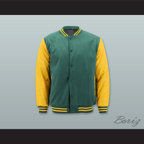 Green Wool and Yellow Gold Lab Leather Varsity Letterman Jacket