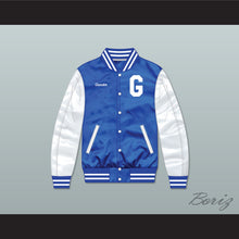 Load image into Gallery viewer, Grinder Grind Institute Blue/ White Varsity Letterman Satin Bomber Jacket