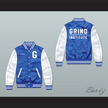 Load image into Gallery viewer, Grinder Grind Institute Blue/ White Varsity Letterman Satin Bomber Jacket
