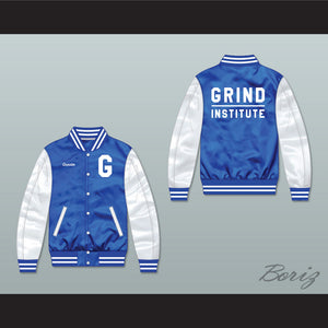 Grinder Grind Institute Blue/ White Varsity Letterman Satin Bomber Jacket