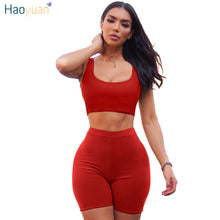 Load image into Gallery viewer, HAOYUAN 2 Piece Set Women Crop Tops and Biker Shorts Sweat Suits Sexy Club Outfits Two Piece Casual Tracksuit Matching Sets