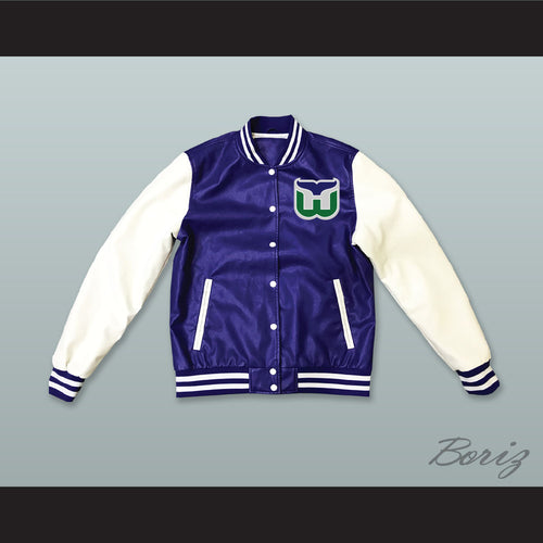 Hartford Whalers Blue and White Lab Leather Varsity Letterman Jacket
