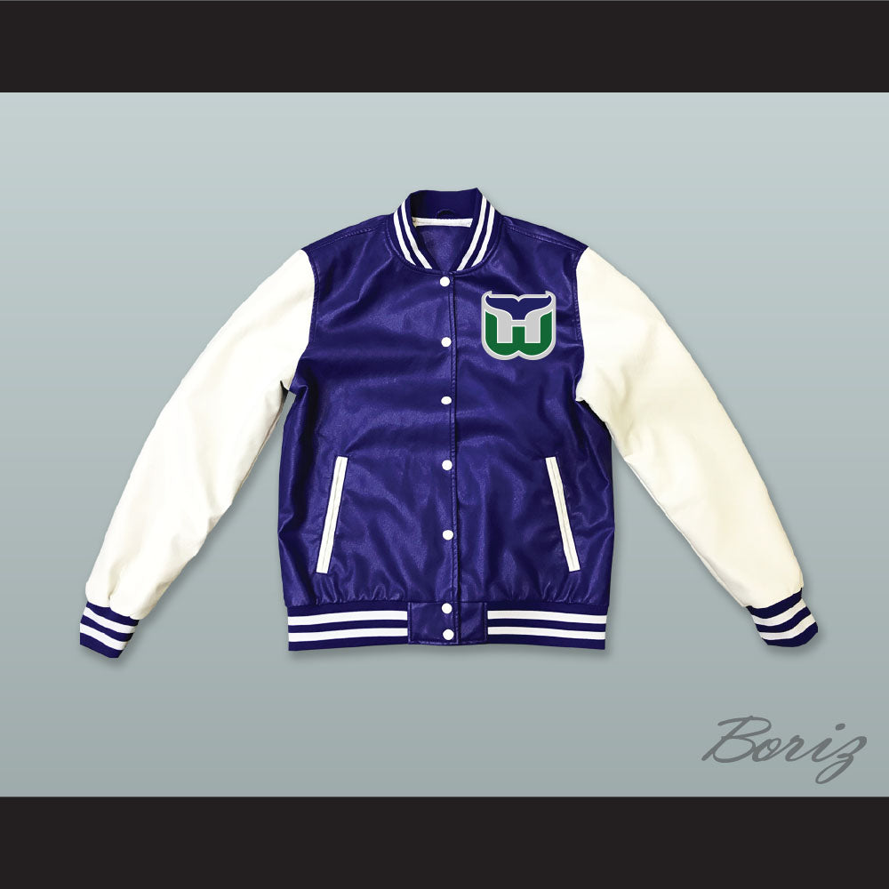 Hartford Whalers Blue and White Lab Leather Varsity Letterman Jacket