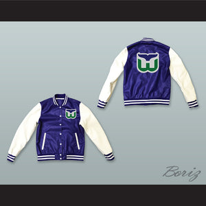 Hartford Whalers Blue and White Lab Leather Varsity Letterman Jacket