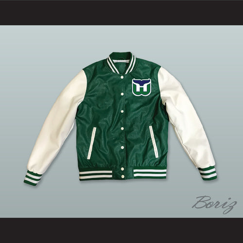 Hartford Whalers Hockey Green and White Lab Leather Varsity Letterman Jacket
