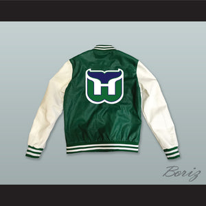 Hartford Whalers Hockey Green and White Lab Leather Varsity Letterman Jacket