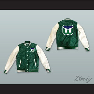 Hartford Whalers Hockey Green and White Lab Leather Varsity Letterman Jacket