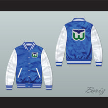 Load image into Gallery viewer, Hartford Whalers Blue/ White Varsity Letterman Satin Bomber Jacket