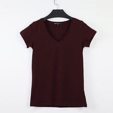 Load image into Gallery viewer, High Quality V-Neck 15 Candy Color Cotton Basic T-shirt Women Plain Simple T Shirt For Women Short Sleeve Female Tops 077