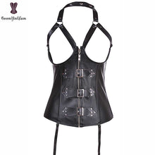 Load image into Gallery viewer, High quality rivets and buckles decorated zipper sexy bustier waist trainer waist cincher halterneck cupless leather corset 820