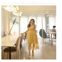 Load image into Gallery viewer, High quality yellow lace dress 2019 summer women&#39;s short-sleeved O-neck hollow crochet Slim dance party long dress