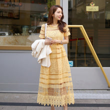 Load image into Gallery viewer, High quality yellow lace dress 2019 summer women&#39;s short-sleeved O-neck hollow crochet Slim dance party long dress