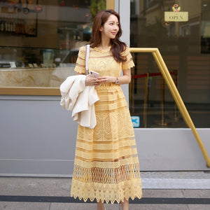 High quality yellow lace dress 2019 summer women's short-sleeved O-neck hollow crochet Slim dance party long dress