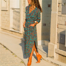 Load image into Gallery viewer, HiloRill 2020 Summer Long Dress Women Casual Striped Print Shirt Dress Lady Sexy V-Neck Elegant Beach Party Dress With Pockets