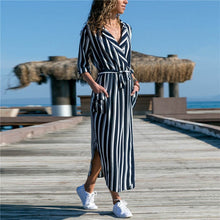 Load image into Gallery viewer, HiloRill 2020 Summer Long Dress Women Casual Striped Print Shirt Dress Lady Sexy V-Neck Elegant Beach Party Dress With Pockets