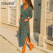 Load image into Gallery viewer, HiloRill 2020 Summer Long Dress Women Casual Striped Print Shirt Dress Lady Sexy V-Neck Elegant Beach Party Dress With Pockets