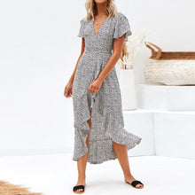 Load image into Gallery viewer, HiloRill Summer Beach Long Women Dresses Floral Print Boho Dress V-Neck Slit Bodycon Wrap Maxi Party Dress Ruffle Robe Femme