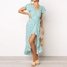 Load image into Gallery viewer, HiloRill Summer Beach Long Women Dresses Floral Print Boho Dress V-Neck Slit Bodycon Wrap Maxi Party Dress Ruffle Robe Femme