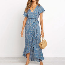 Load image into Gallery viewer, HiloRill Summer Beach Long Women Dresses Floral Print Boho Dress V-Neck Slit Bodycon Wrap Maxi Party Dress Ruffle Robe Femme