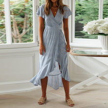 Load image into Gallery viewer, HiloRill Summer Beach Long Women Dresses Floral Print Boho Dress V-Neck Slit Bodycon Wrap Maxi Party Dress Ruffle Robe Femme