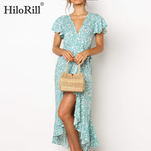 Load image into Gallery viewer, HiloRill Summer Beach Long Women Dresses Floral Print Boho Dress V-Neck Slit Bodycon Wrap Maxi Party Dress Ruffle Robe Femme
