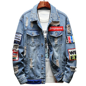 Hip-hop fashion print lapel single-breasted denim jacket casual streetwear new denim jacket men's spring and autumn jacket