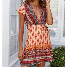 Load image into Gallery viewer, Hirigin Boho Summer Women Ladies Flowers Dress High Waist Lace-up Beach Sundress Flare Sleeve Floral Female V-Neck Mini Dress