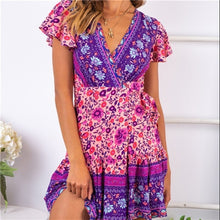 Load image into Gallery viewer, Hirigin Boho Summer Women Ladies Flowers Dress High Waist Lace-up Beach Sundress Flare Sleeve Floral Female V-Neck Mini Dress