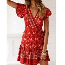 Load image into Gallery viewer, Hirigin Boho Summer Women Ladies Flowers Dress High Waist Lace-up Beach Sundress Flare Sleeve Floral Female V-Neck Mini Dress