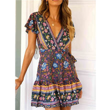 Load image into Gallery viewer, Hirigin Boho Summer Women Ladies Flowers Dress High Waist Lace-up Beach Sundress Flare Sleeve Floral Female V-Neck Mini Dress