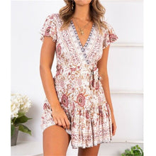Load image into Gallery viewer, Hirigin Boho Summer Women Ladies Flowers Dress High Waist Lace-up Beach Sundress Flare Sleeve Floral Female V-Neck Mini Dress