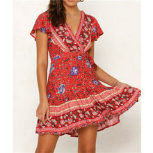 Load image into Gallery viewer, Hirigin Boho Summer Women Ladies Flowers Dress High Waist Lace-up Beach Sundress Flare Sleeve Floral Female V-Neck Mini Dress