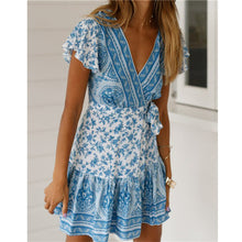 Load image into Gallery viewer, Hirigin Boho Summer Women Ladies Flowers Dress High Waist Lace-up Beach Sundress Flare Sleeve Floral Female V-Neck Mini Dress