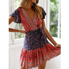 Load image into Gallery viewer, Hirigin Boho Summer Women Ladies Flowers Dress High Waist Lace-up Beach Sundress Flare Sleeve Floral Female V-Neck Mini Dress