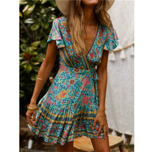 Load image into Gallery viewer, Hirigin Boho Summer Women Ladies Flowers Dress High Waist Lace-up Beach Sundress Flare Sleeve Floral Female V-Neck Mini Dress