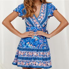 Load image into Gallery viewer, Hirigin Boho Summer Women Ladies Flowers Dress High Waist Lace-up Beach Sundress Flare Sleeve Floral Female V-Neck Mini Dress