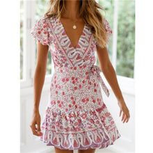 Load image into Gallery viewer, Hirigin Boho Summer Women Ladies Flowers Dress High Waist Lace-up Beach Sundress Flare Sleeve Floral Female V-Neck Mini Dress