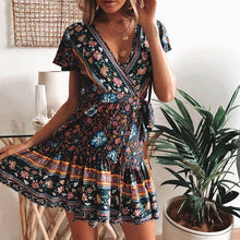Load image into Gallery viewer, Hirigin Boho Summer Women Ladies Flowers Dress High Waist Lace-up Beach Sundress Flare Sleeve Floral Female V-Neck Mini Dress