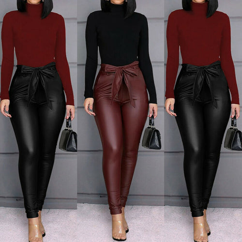 Hirigin Women's Leggings PU Leather Bow Pants High Waisted Stretchy Skinny Pencil Trousers Office Lady Elegant Pant