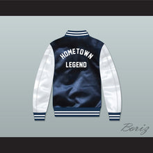 Load image into Gallery viewer, Hometown Legend Navy Blue/ White Varsity Letterman Satin Bomber Jacket