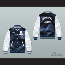 Load image into Gallery viewer, Hometown Legend Navy Blue/ White Varsity Letterman Satin Bomber Jacket