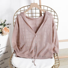 Load image into Gallery viewer, Hooded Thin Sweater Cardigan Women Silk Linen Spring  Summer Lace Up V-neck Short Design Loose Cape Cardigans Outerwear Female