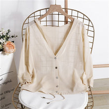 Load image into Gallery viewer, Hooded Thin Sweater Cardigan Women Silk Linen Spring  Summer Lace Up V-neck Short Design Loose Cape Cardigans Outerwear Female