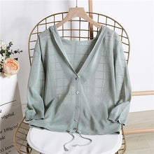 Load image into Gallery viewer, Hooded Thin Sweater Cardigan Women Silk Linen Spring  Summer Lace Up V-neck Short Design Loose Cape Cardigans Outerwear Female