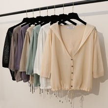 Load image into Gallery viewer, Hooded Thin Sweater Cardigan Women Silk Linen Spring  Summer Lace Up V-neck Short Design Loose Cape Cardigans Outerwear Female