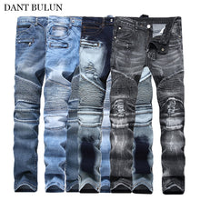 Load image into Gallery viewer, Hot Sale Skinny Biker Moto Jeans Men Ripped Jeans Pleated Designer Motorcycle Leisure Trousers Jeans Denim Pants Men's Jeans